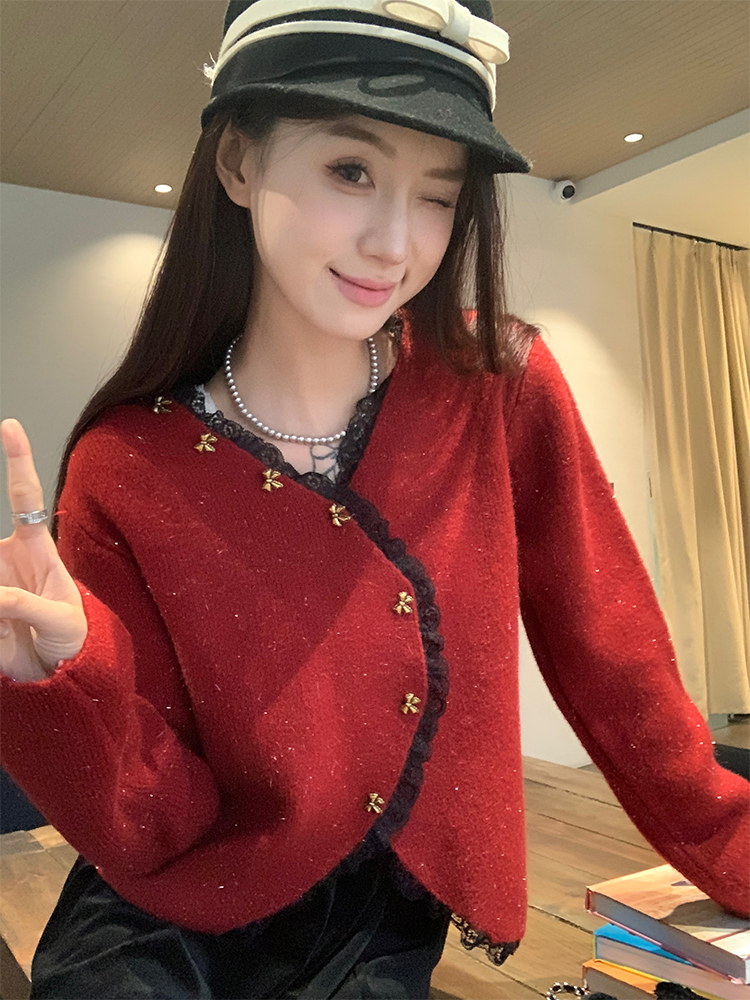 Actual shot New Year red retro irregular lace V-neck butterfly button sweater sweater top
