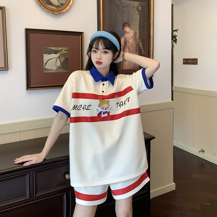 美式運動休閒套裝女夏季2023新款撞色翻領刺繡短袖上衣短褲兩件套