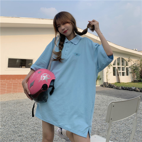 韩版宽松短袖T恤女polo领中长款T裙衫日系学院风上衣