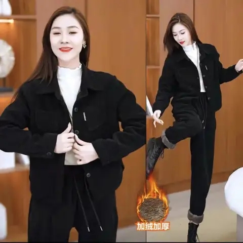 套裝女美拉德時尚加絨2023秋冬洋氣復古長袖燈芯絨休閒外套兩件套