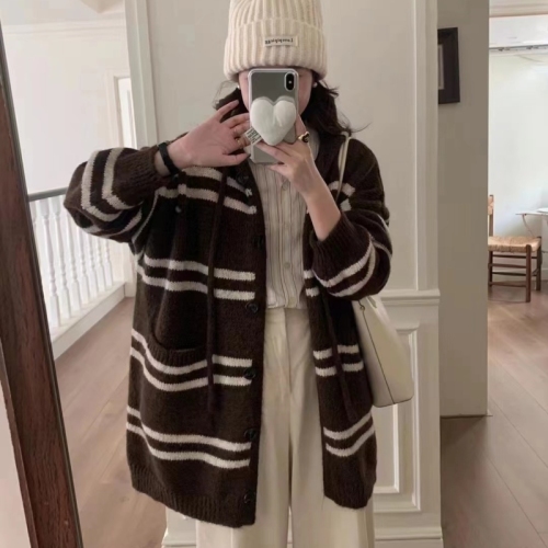 Hooded Striped Brown Knitted Cardigan Women's Autumn and Winter Korean Style Loose Lazy Style Large Size Soft Waxy Sweater Jacket Top