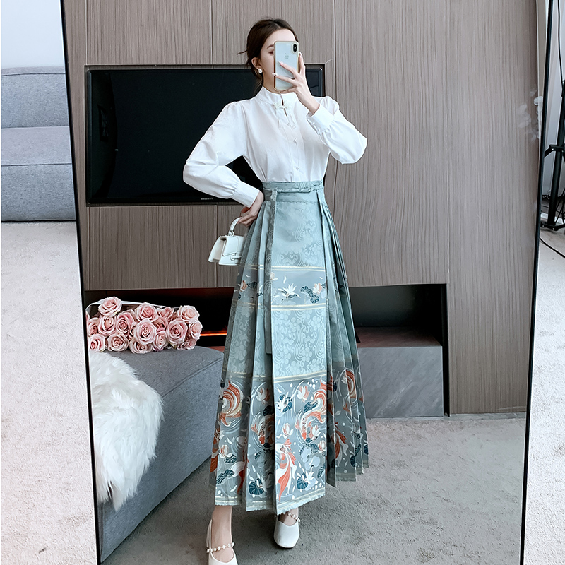 實拍 新中式國風上衣明制漢服靈魚畫戲明制藍色馬面裙兩件套裝裙