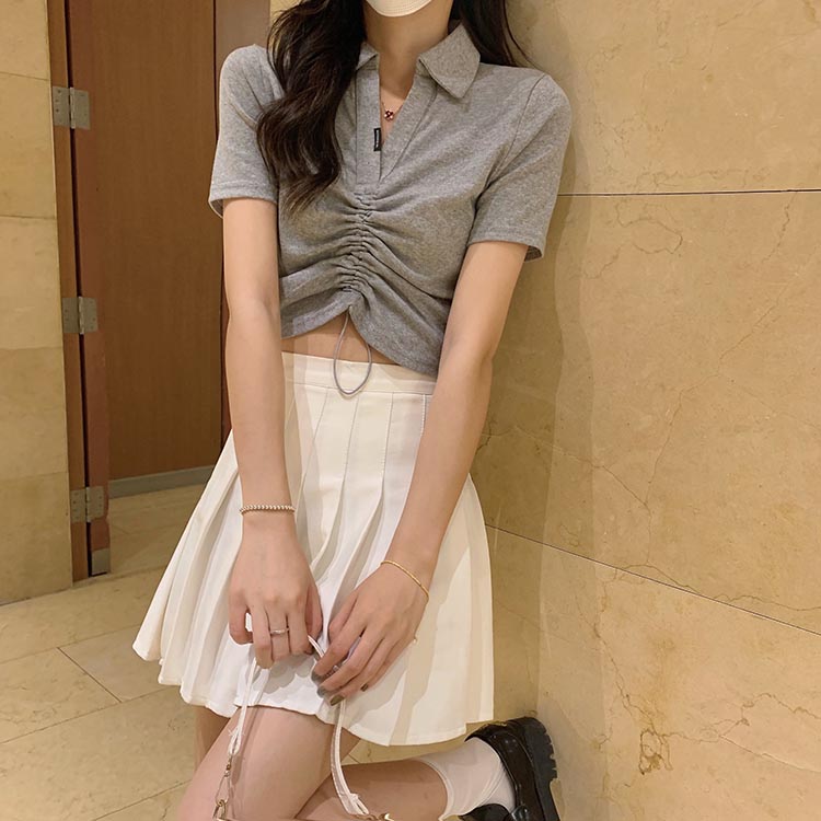 女夏季韓版2023新款顯瘦抽褶設計感百搭短款露臍洋氣短袖上衣