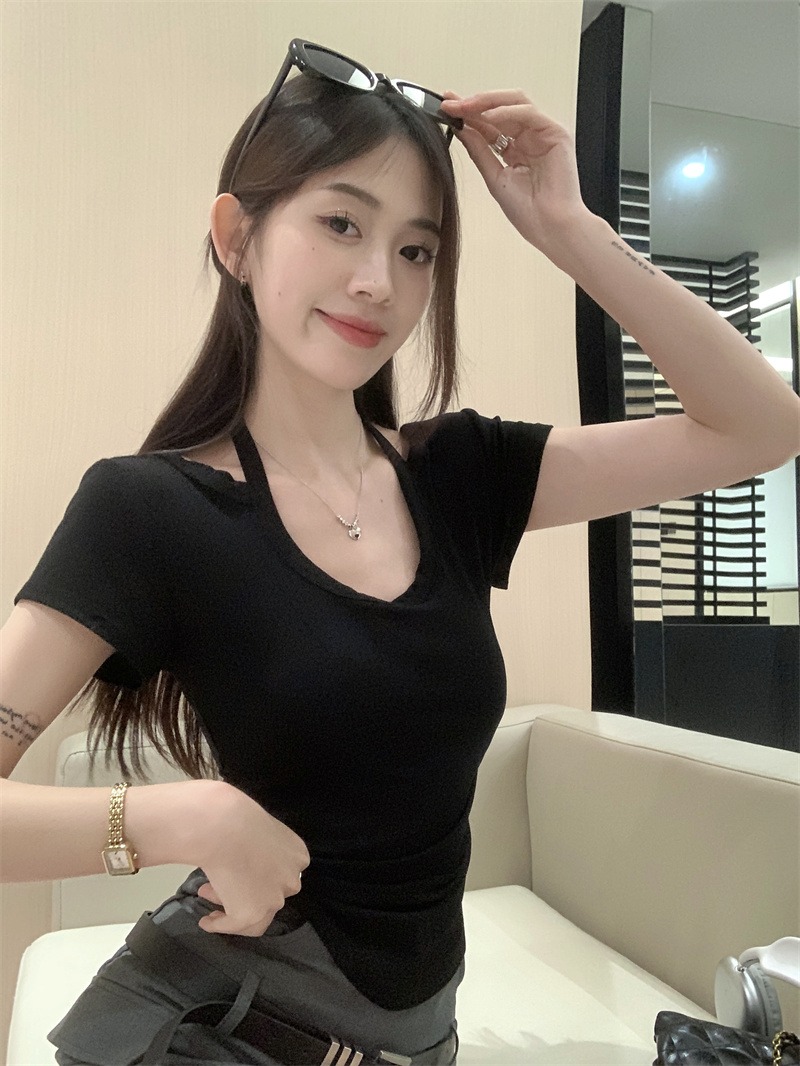 1*1莫代爾辣妹系帶掛脖短袖正肩女T恤夏季短款上衣潮