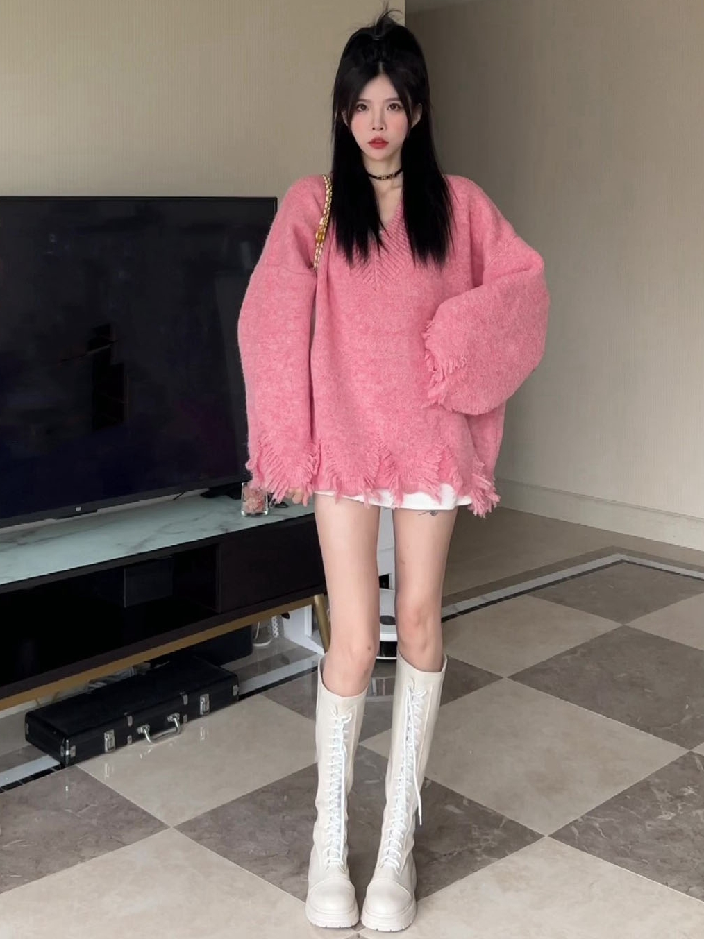 法式復古V領毛邊流蘇設計感毛衣女秋冬慵懶風韓版寬鬆顯瘦針織衫