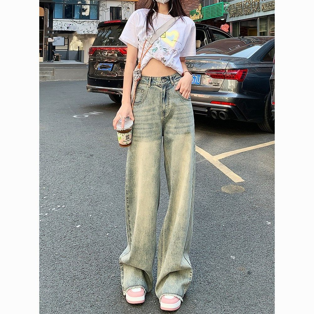 Retro distressed wide-leg jeans for women spring and summer new high-waisted loose and versatile drape floor-length straight pants