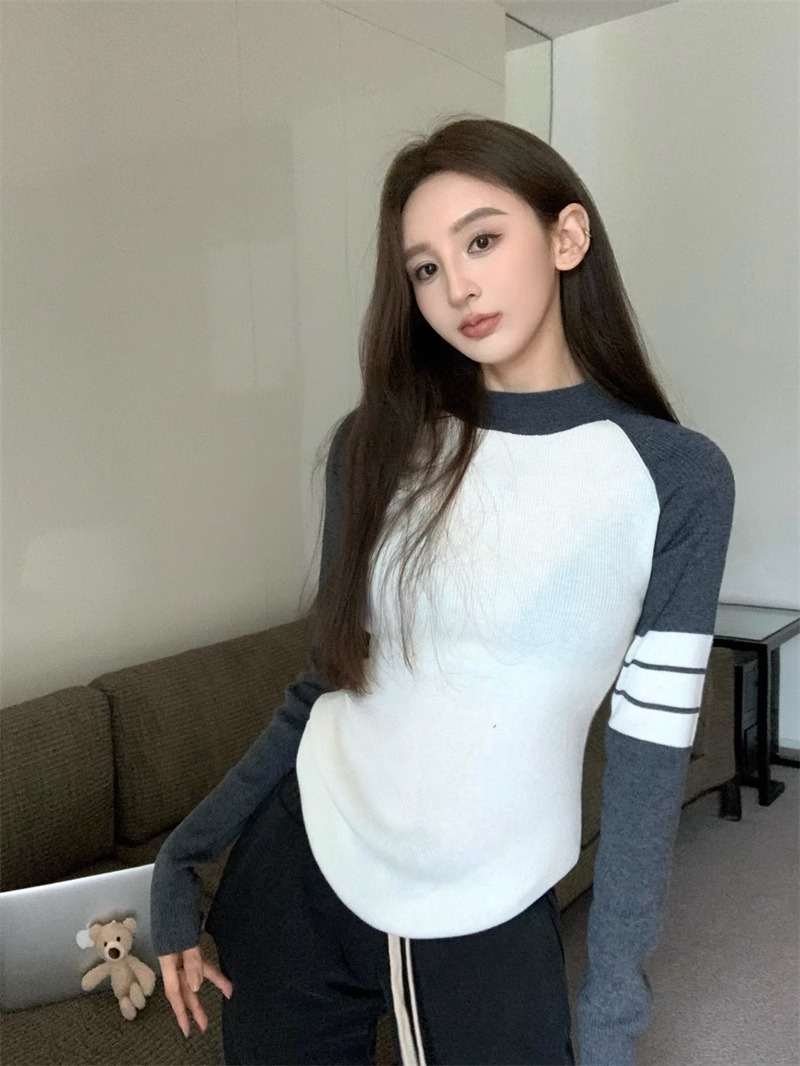 美式復古小眾短款內搭長袖針織衫毛衣女裝秋季修身顯瘦打底衫上衣