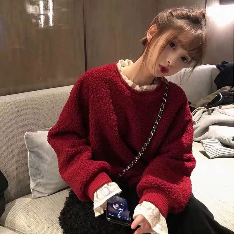 羊羔絨複合銀狐絨官方紅色圓領套頭寬鬆羊羔毛加厚衛衣女
