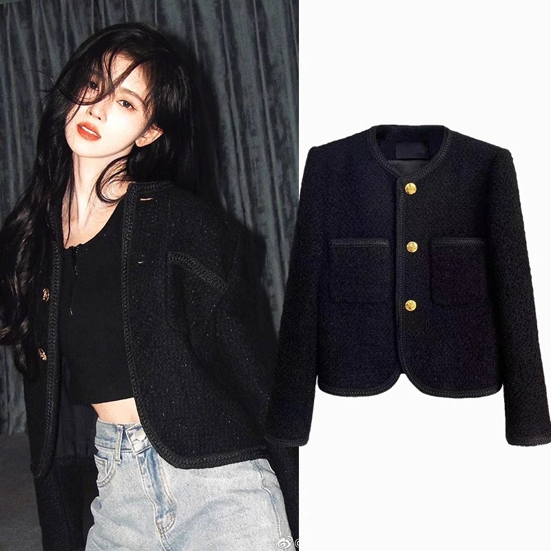 Black gold high-end celebrity small fragrant style jacket for women petite white short tweed top spring and autumn