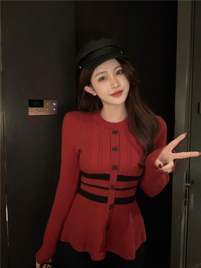 實拍冬季新年紅長袖收腰顯瘦氣質亮閃修身針織衫女上衣