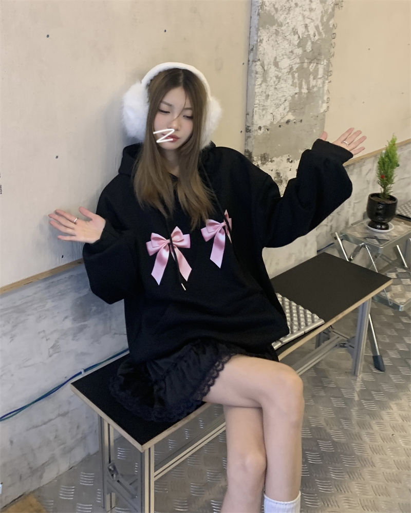 實拍~韓系鬼馬少女小眾蝴蝶結加絨銀狐絨寬鬆連帽衛衣