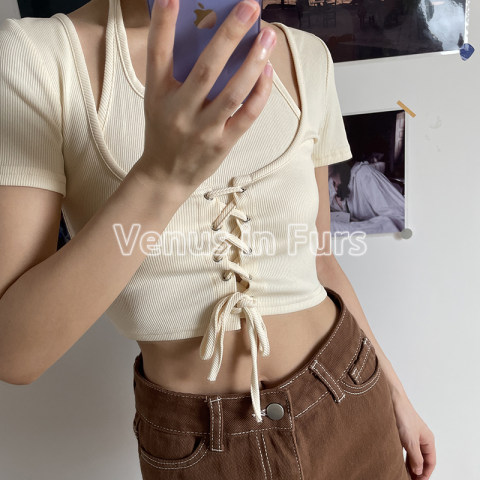 螺紋 歐美復古辣妹短款修身顯瘦綁帶掛脖系帶短袖