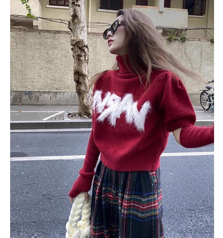 Korean style high collar set 22 sweaters for women autumn and winter design niche pure desire letter puff sleeve Christmas knitted top