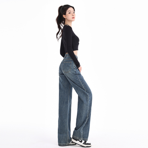 Actual shot ~ 2024 washed retro jeans for women, high-waisted, loose design, floor-length American drapey wide-leg trousers