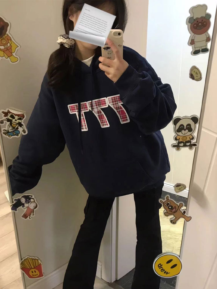 77T 美式潮牌街頭格子數字印花連帽衛衣女秋冬設計感休閒加絨上衣