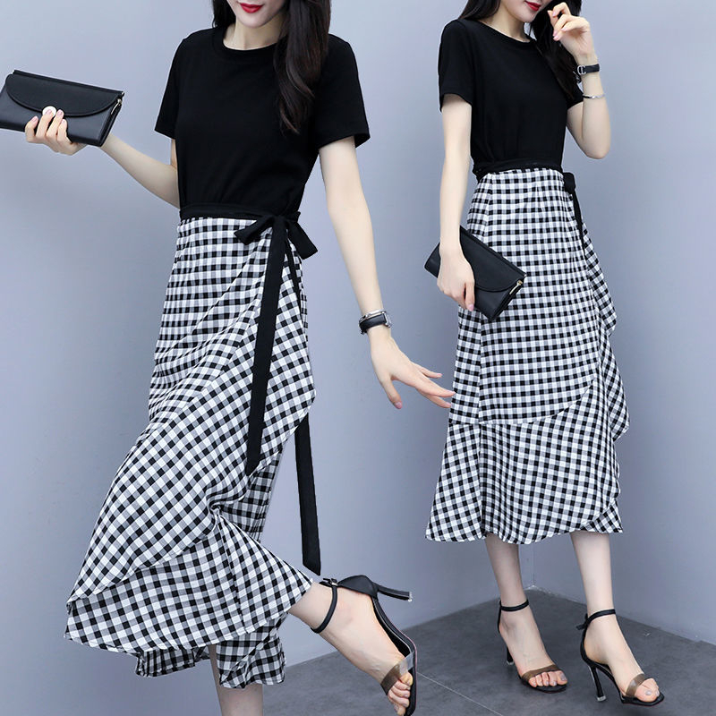 含棉套裝連衣裙2023新款格子半身裙氣質兩件套女收腰顯瘦套裝裙子