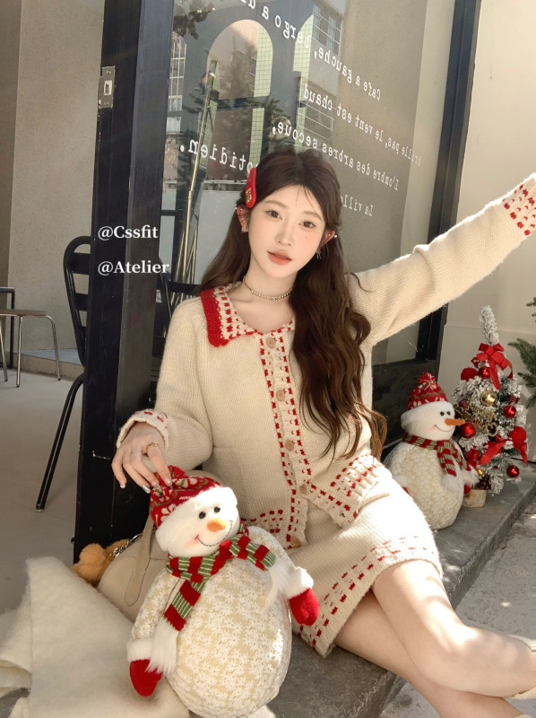 Chi Umbrella 23/fw cranberry cheese Christmas atmosphere private childlike red and white contrast knitted suit for women