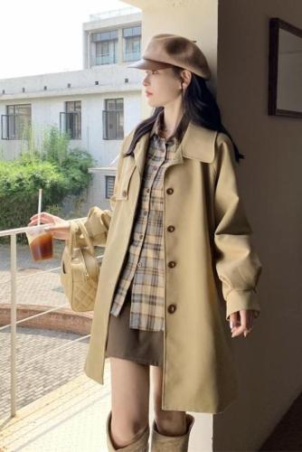 Actual shot of new autumn and winter Korean style casual mid-length loose khaki windbreaker jacket for women