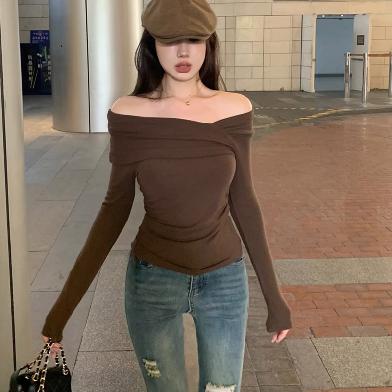 Pure Desire Sexy Hot Girl Long Sleeve Top Women's Autumn New Korean Style Slant Collar One Shoulder Slim T-shirt