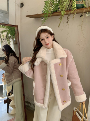 Real shot of pink fur one-piece sweet little fragrance plus velvet thickened high-end jacket