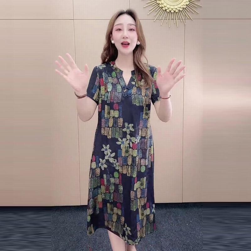 夏季時尚減齡氣質媽媽裝復古印花短袖連衣裙女2023年新款遮肚裙子