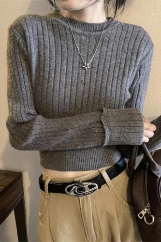 Real shot French round neck long-sleeved sweater for women autumn and winter pure desire knitted bottoming shirt thickened top