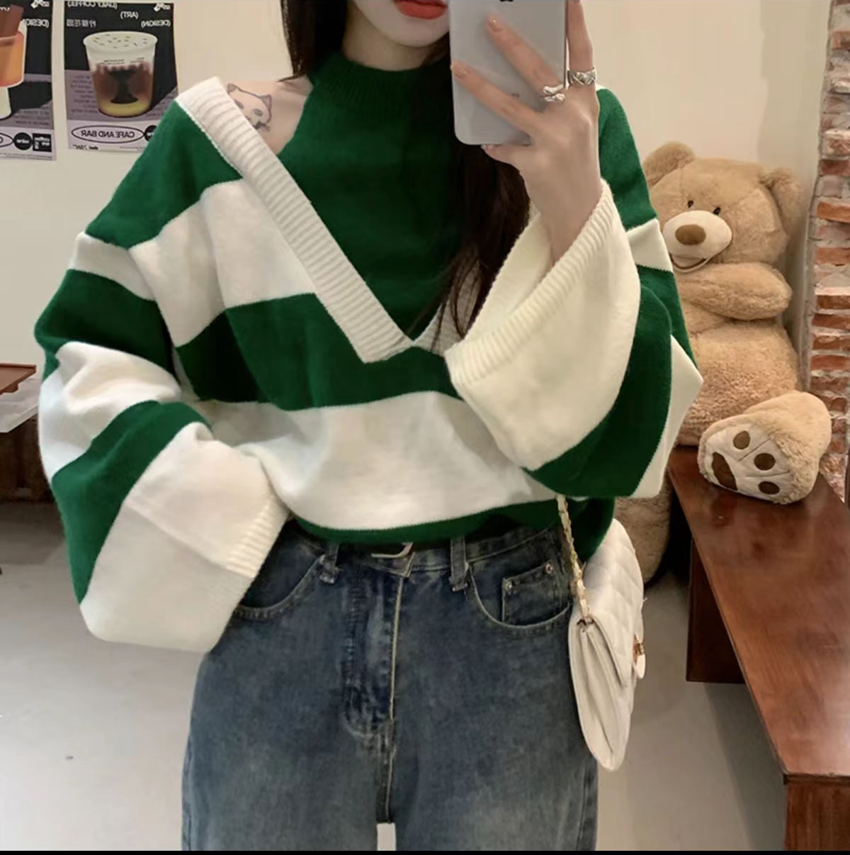 Autumn and winter new fake two-piece casual halterneck off-shoulder sweater striped foreign style Korean style casual knitted bottoming shirt
