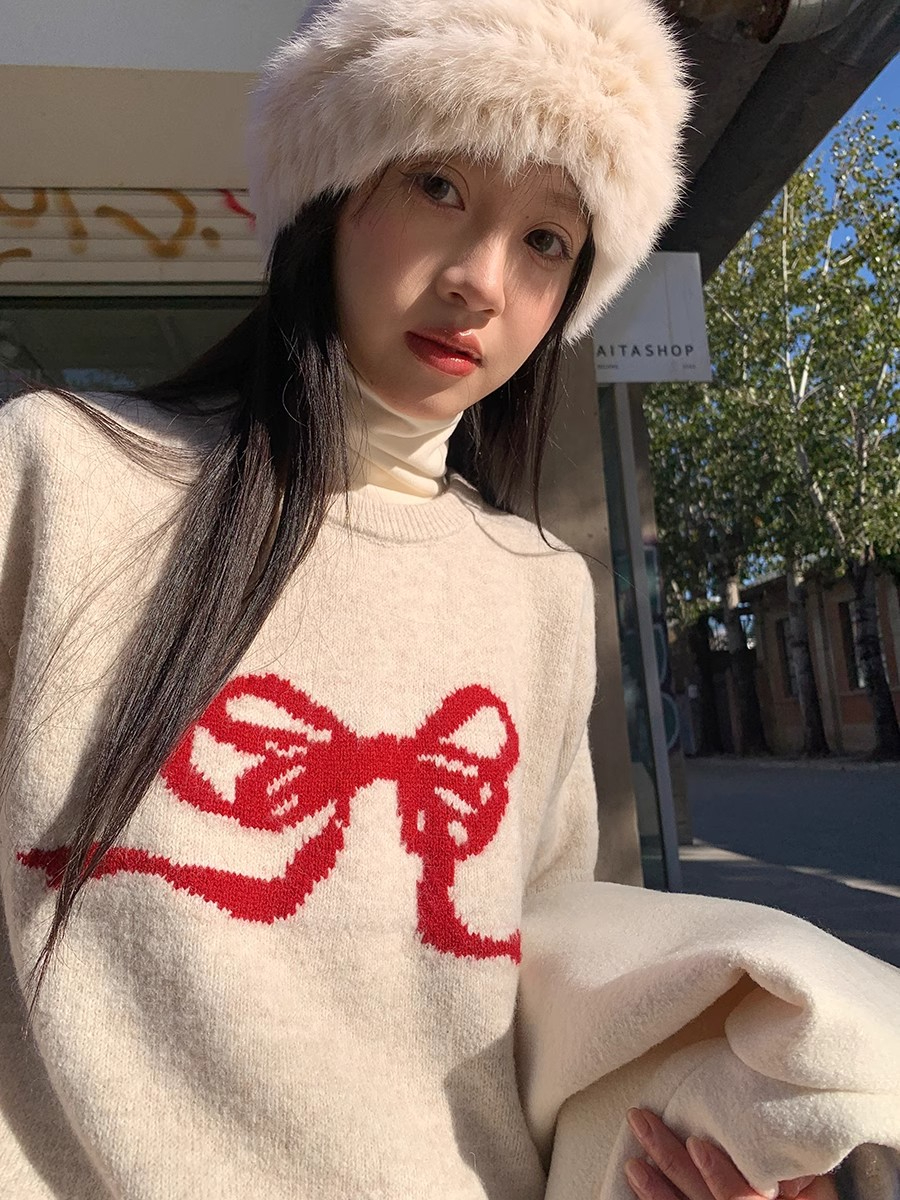 馨幫幫韓系甜美蝴蝶結毛衣溫柔軟糯針織衫女秋冬氣質減齡百搭上衣