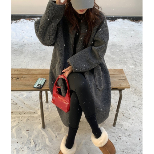 Korean chic autumn and winter simple lazy style single-breasted loose casual long-sleeved sherpa warm coat jacket for women