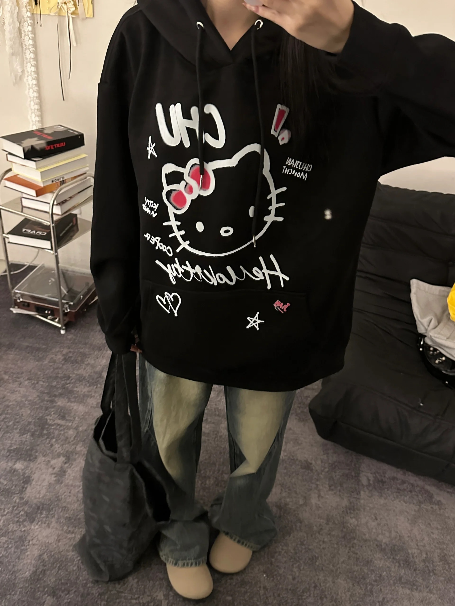 潮牌美式復古印花加絨加厚套頭連帽衛衣男女同款秋冬寬鬆長袖上衣