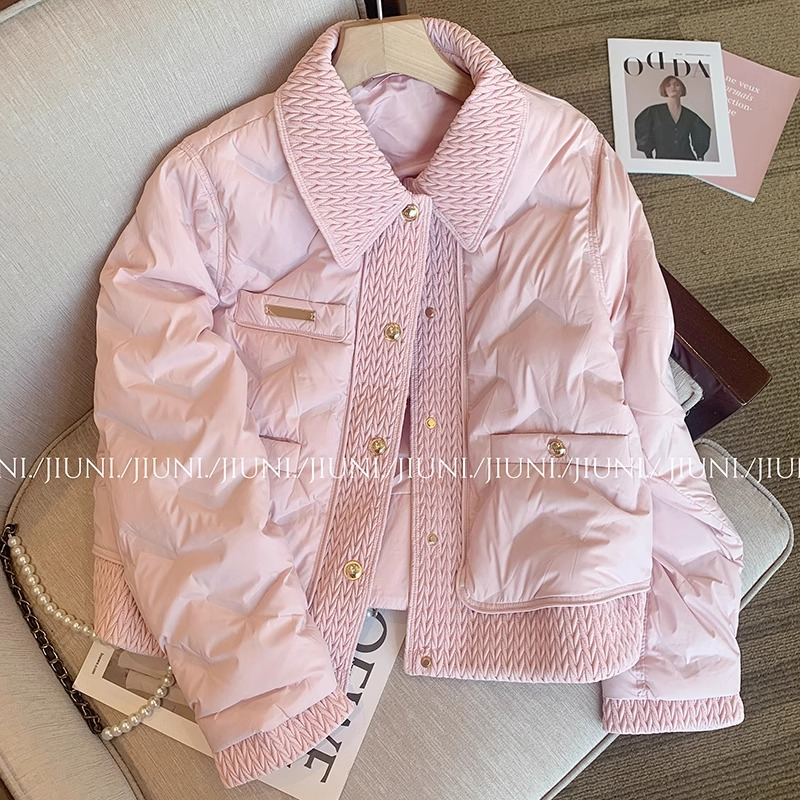 Women's autumn and winter sweet warm cotton coats with lining pink lapel small fragrant cotton coats for women