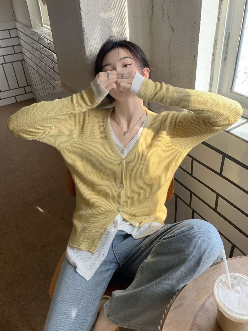 實拍三標齊設計感假兩件針織開衫毛衣外套女撞色拼接上衣