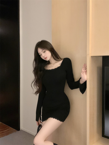 Real shot ~ Retro lace spliced ​​long-sleeved dress for women in autumn and winter, sexy waist-cinching tight hip-hugging skirt