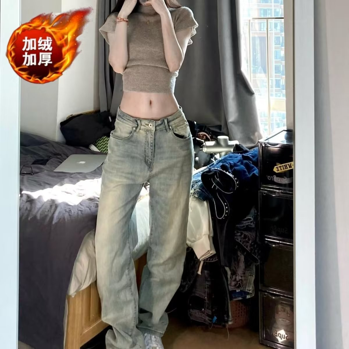 簡約直筒褲文藝加絨百搭拉鏈冬季水洗女自然腰牛仔褲ins長褲
