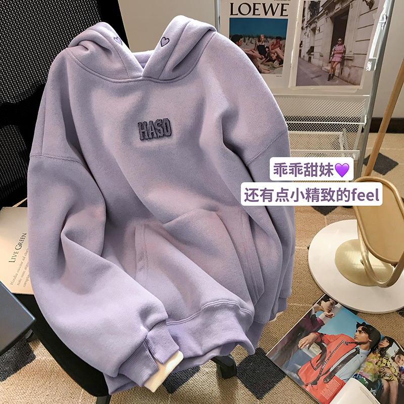 小C家紫色愛心加絨連帽衛衣女2023年秋冬新款復古學院風套頭上衣