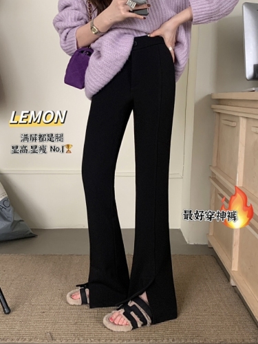 THE LEMON柠檬绿茶高级感简约加绒休闲裤女冬加厚开叉微喇长裤