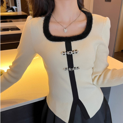 Fashionable national style new Chinese style contrasting raw edge pullover sweater early autumn retro slimming versatile top for women