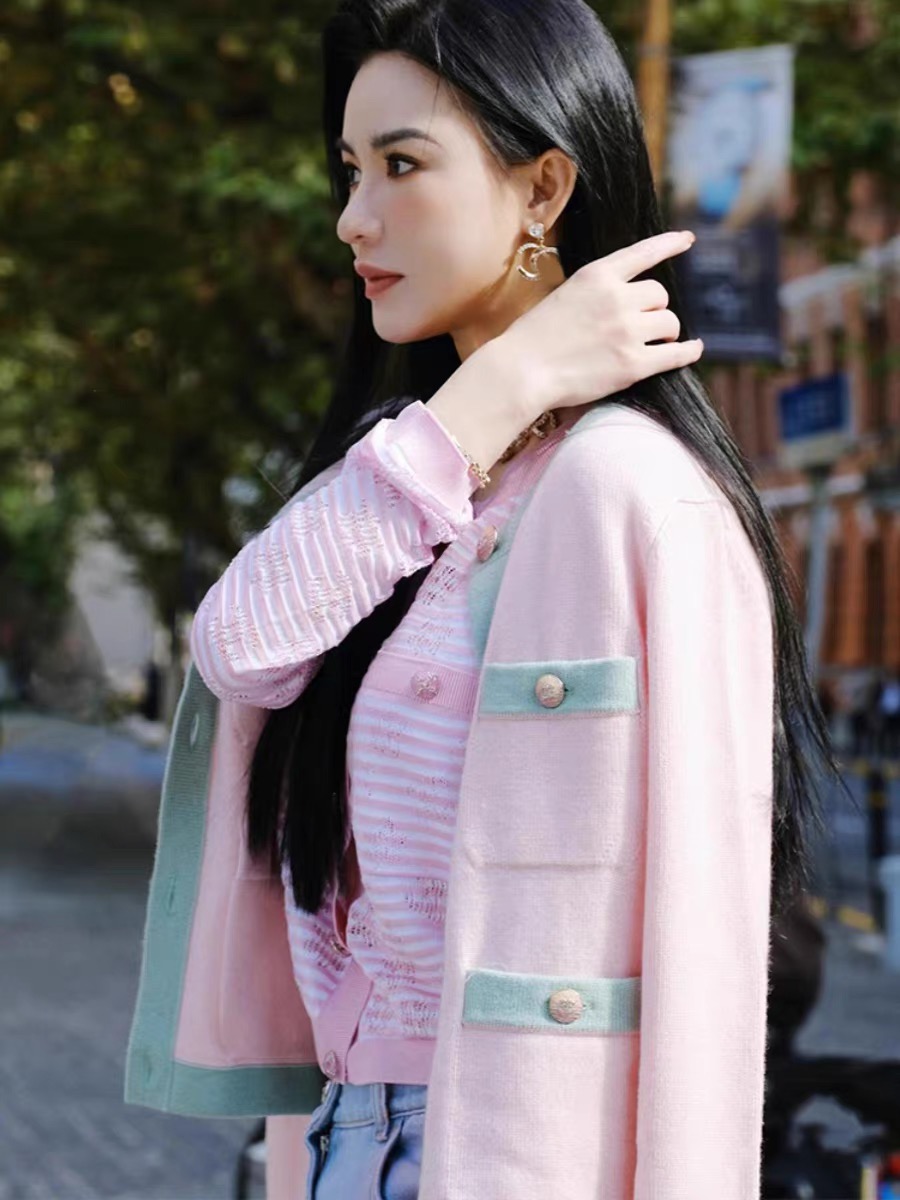 SS JACQUEMUS WAYING 2024早春粉色小香風拼色圓領長袖針織開衫女