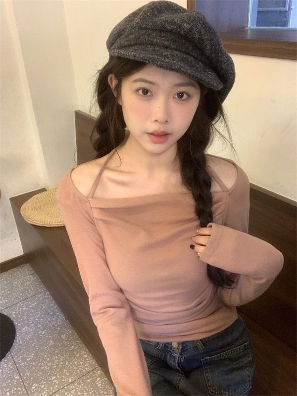 實拍 秋冬百搭修身顯瘦小性感兩穿露肩綁帶打底長袖T恤女