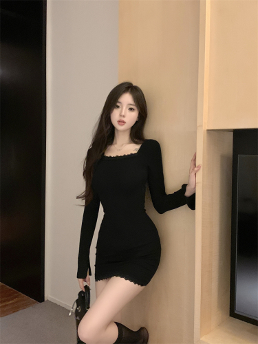 Real shot ~ Retro lace spliced ​​long-sleeved dress for women in autumn and winter, sexy waist-cinching tight hip-hugging skirt