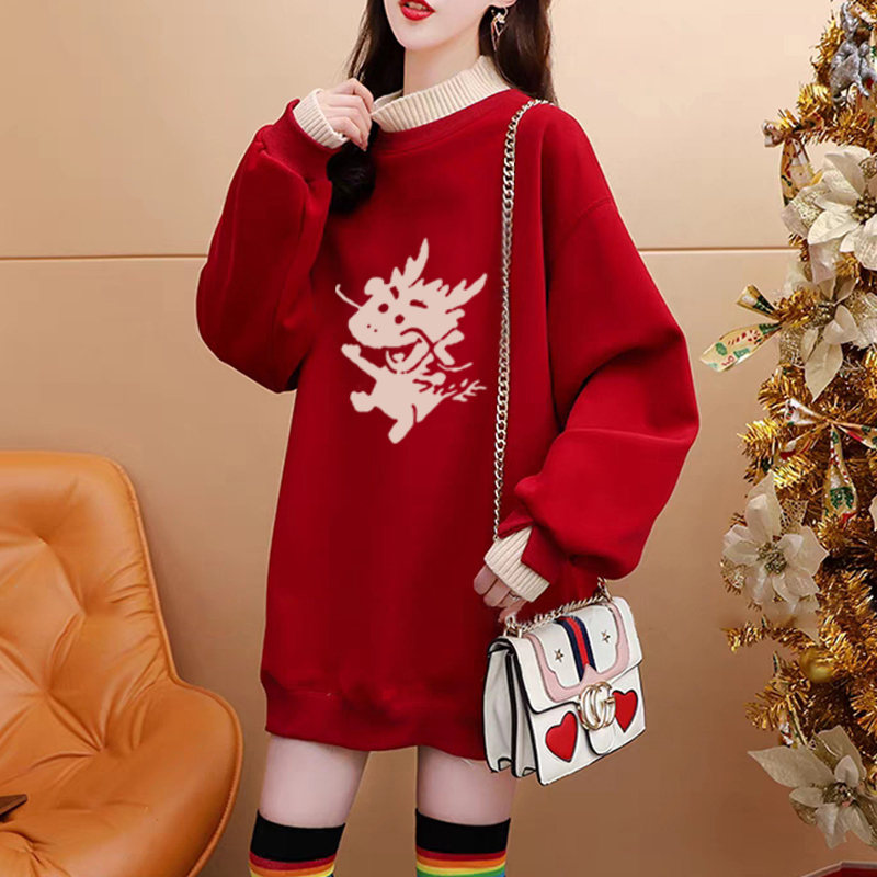 Pure cotton composite super soft autumn and winter super fire dragon print fake two-piece half turtleneck plus velvet sweatshirt for women