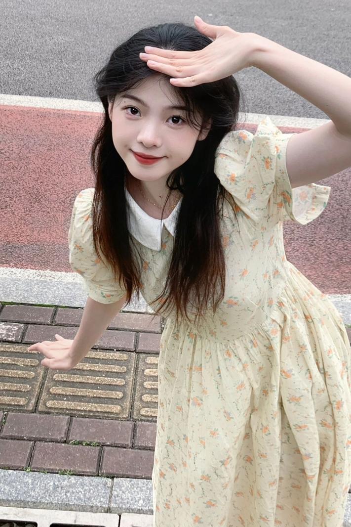 茶歇法式初戀娃娃領碎花連衣裙夏季學院風小個子甜美少女感長裙子
