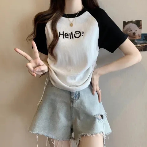 冰絲螺紋# 插肩短袖抽繩T恤女