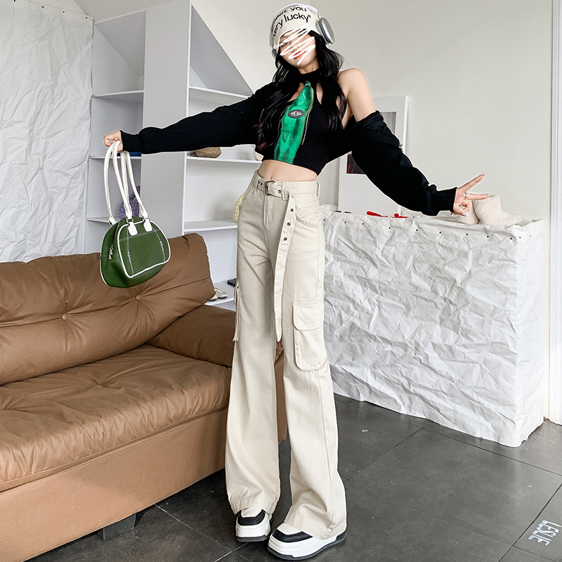 實拍 微喇休閒工裝牛仔褲2024春季新款美式復古腰帶多口袋拖地褲