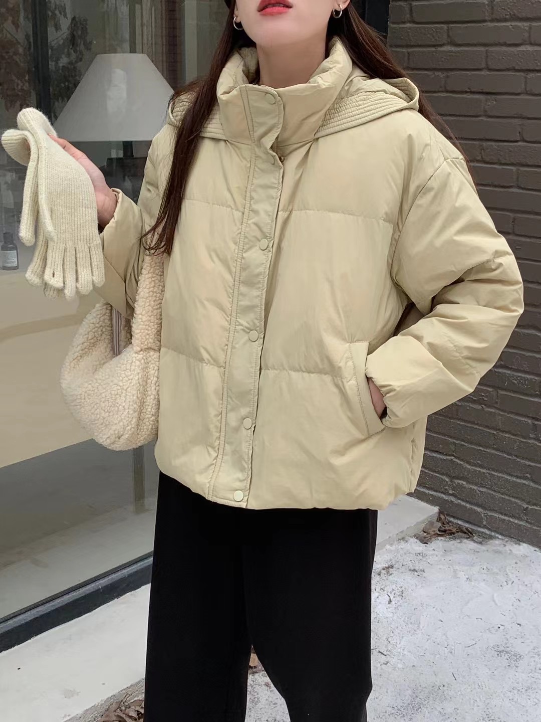 Real shot~Korean style small fresh hooded warm down jacket winter thickened versatile zipper cotton jacket