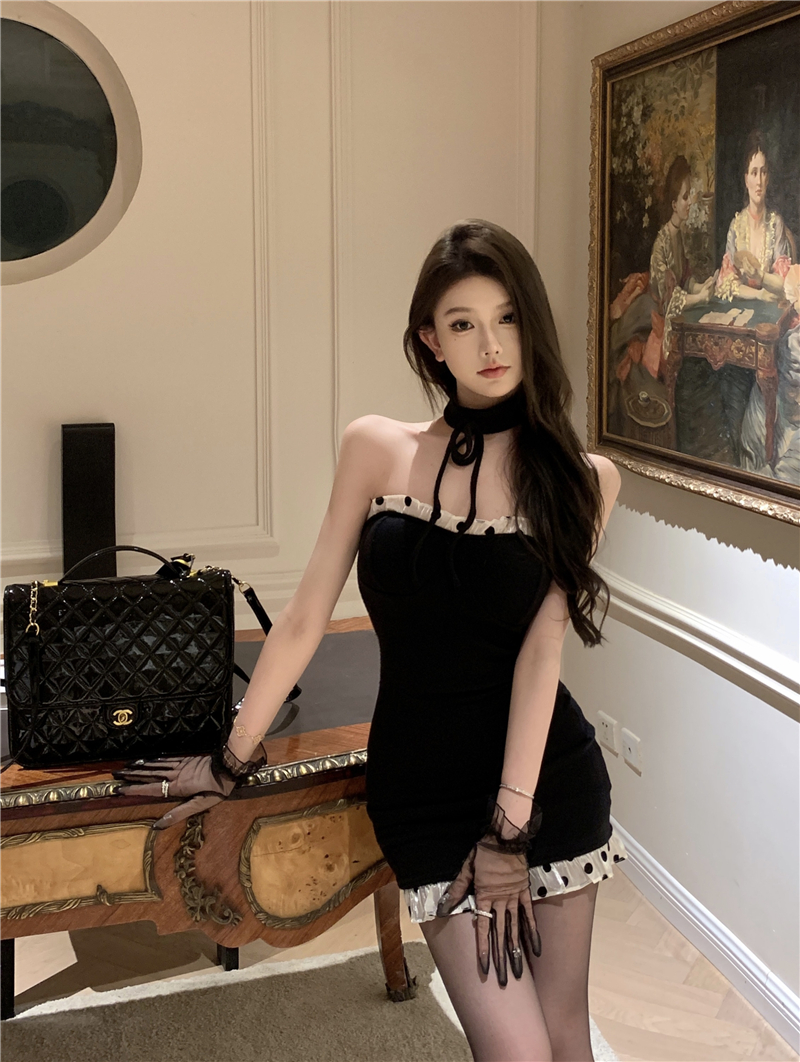 實拍 帶脖圈抹胸連衣裙女拼接網紗波點內搭中長裙