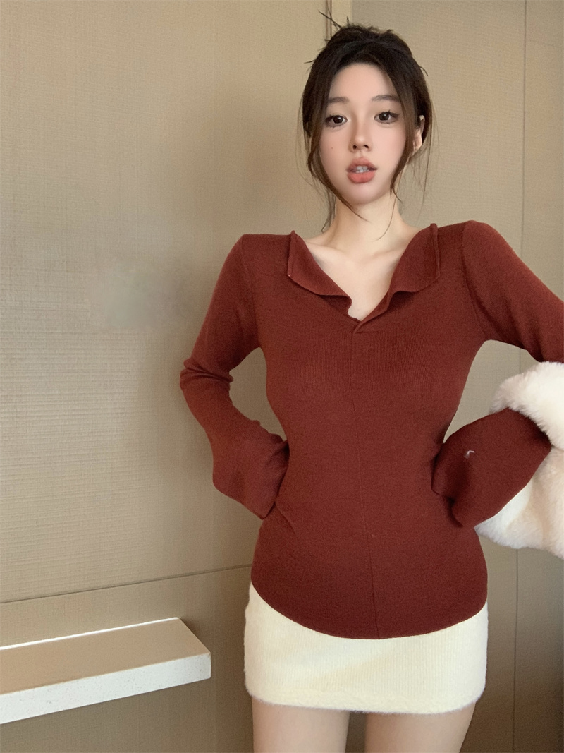 實拍  新款V領簡約長袖針織衫女慵懶風百搭內搭打底休閒上衣