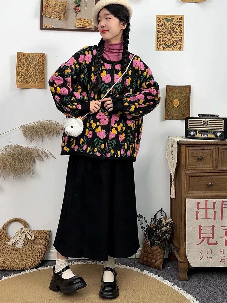 長袖毛衣女2023秋冬新款森系甜美花朵提花小個子寬鬆減齡百搭