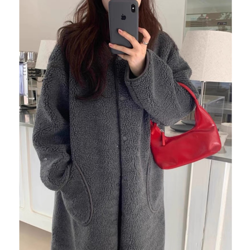 Korean chic autumn and winter simple lazy style single-breasted loose casual long-sleeved sherpa warm coat jacket for women