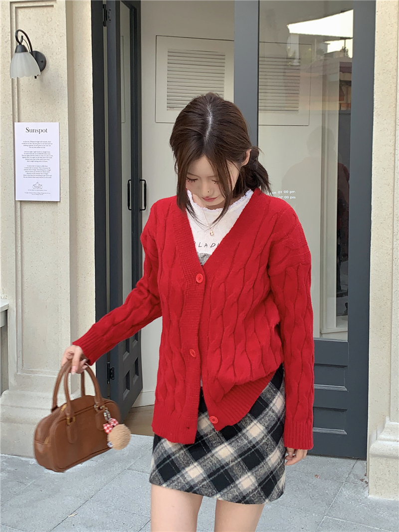 實拍~紅色麻花毛衣外套女2023新款秋冬寬鬆慵懶上衣